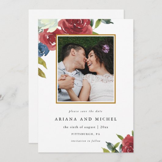 Save The Date Mariage photo Rustic Red et Blue Floral (Devant / Derrière)