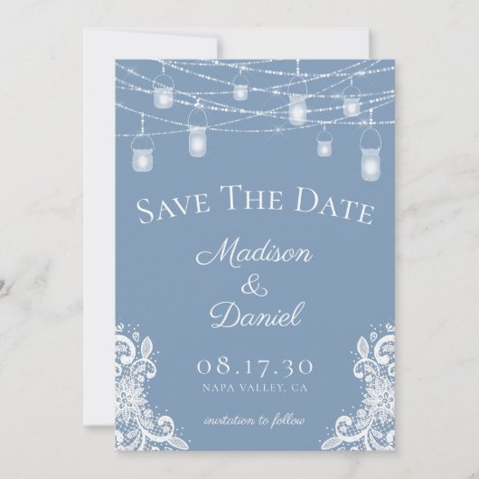 Save The Date Mariage photo Rustique Dusty Blue Lights (Devant)