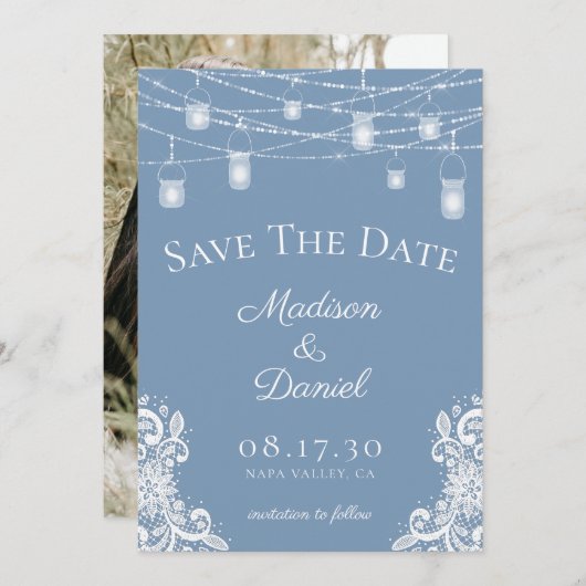 Save The Date Mariage photo Rustique Dusty Blue Lights (Devant / Derrière)