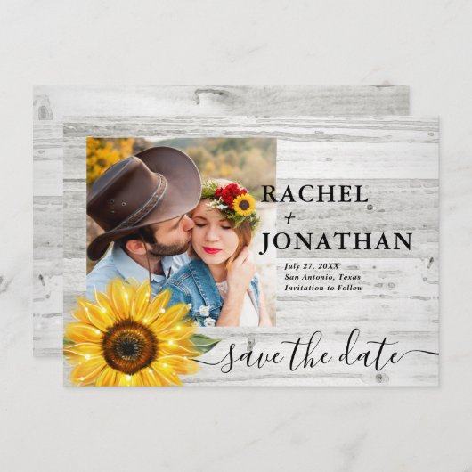 Save The Date Mariage photo Rustique Tournesol blanc (Devant / Derrière)