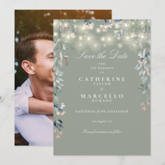 Save The Date Mariage photo Sage Green Floral (Devant / Derrière)