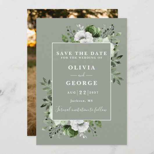 Save The Date Mariage photo Sage Green Rustic (Devant / Derrière)