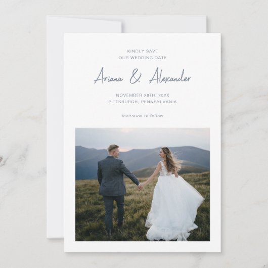 Save The Date Mariage photo simple Dusty Blue Script (Devant)