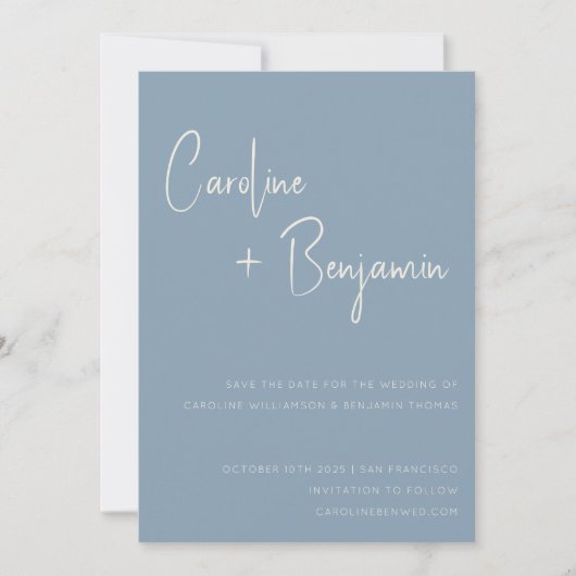Save The Date Mariage photo simple moderne Dusty Blue Script (Devant)