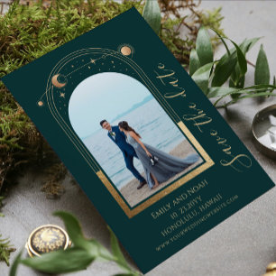 Save The Date Mariage Photo Soleil Lune Étoiles Or Vert Céleste