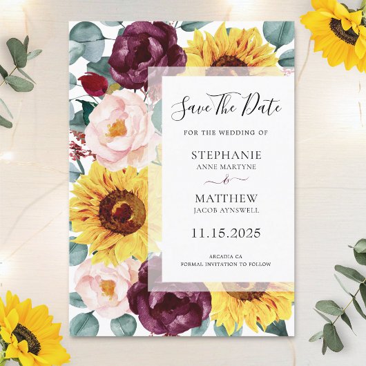 Save The Date Mariage photo Sunflower Eucalyptus Bourgogne Blush