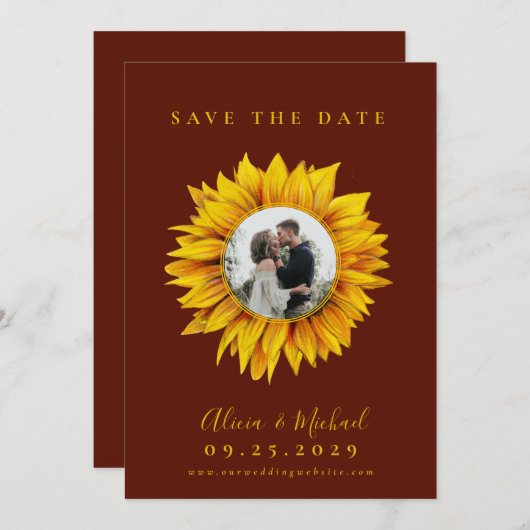 Save The Date Mariage photo tournesol rustique enregistrer la da (Devant / Derrière)