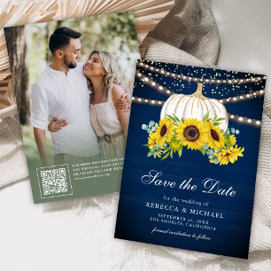 Save The Date Mariage Photo Tournesols Citrouille Blanc Bleu Mar