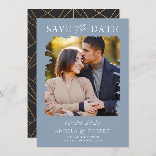 Save The Date Mariage photo Trendy Dusty Blue Brush Stroke