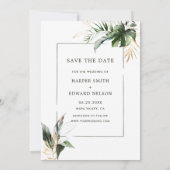 Save The Date Mariage photo Tropical Foliage Vert & Or (Dos)