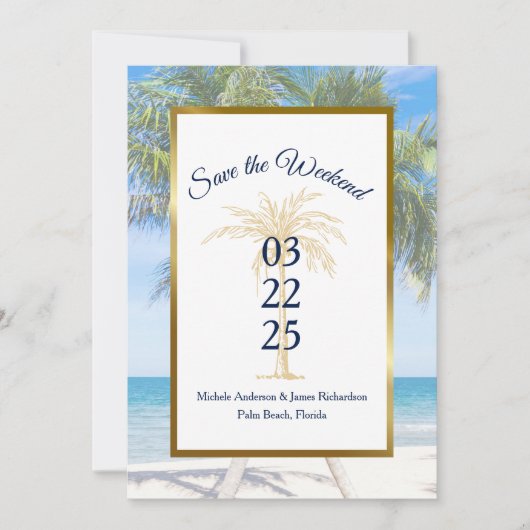 Save The Date Mariage photo Tropical Gold Palm Tree Beach (Devant)
