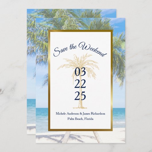 Save The Date Mariage photo Tropical Gold Palm Tree Beach (Devant / Derrière)