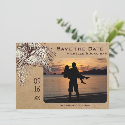 Save The Date Mariage photo Tropical Palm Tree Beach (Debout devant)