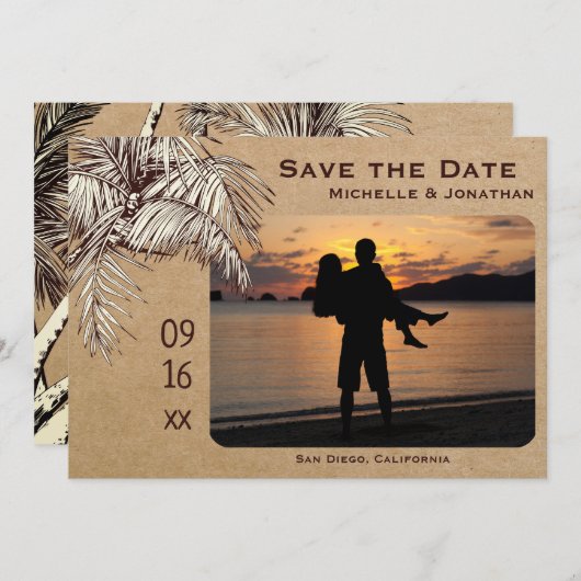 Save The Date Mariage photo Tropical Palm Tree Beach (Devant / Derrière)
