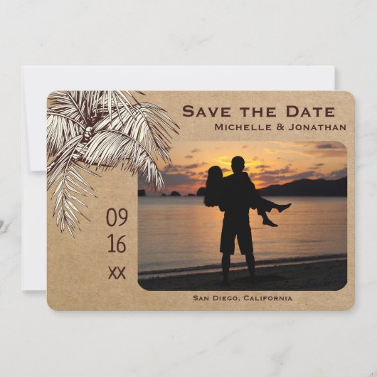 Save The Date Mariage photo Tropical Palm Tree Beach (Devant)