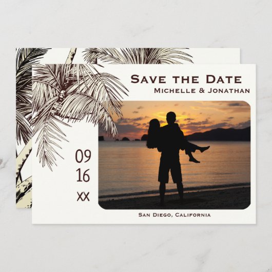 Save The Date Mariage photo Tropical Palm Tree Beach (Devant / Derrière)