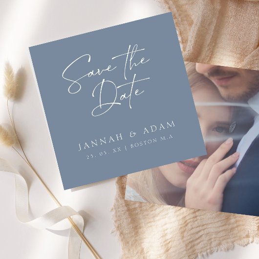 Save The Date Mariage Photo Typographie Script Bleu Poussiéreux 