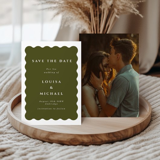 Save The Date Mariage photo vert bohème ondulé bordure