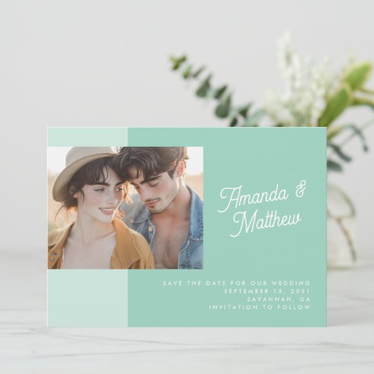 Save The Date Mariage photo vert de couleur moderne (Debout devant)