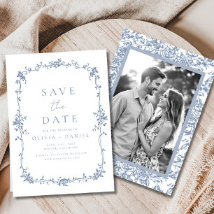 Save The Date Mariage photo victorien Floral Dusty Blue Français