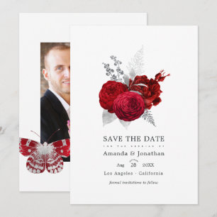 Save The Date Mariage photo vintage rose rouge et argent