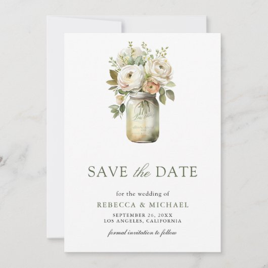 Save The Date Mariage photo White Roses Mason Jar (Devant)