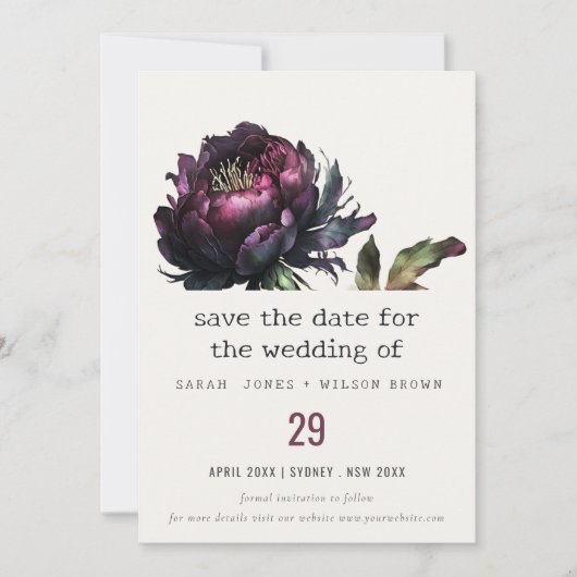 Save The Date Mariage Pivoine Noir Violet Gothique Sombre (Devant)