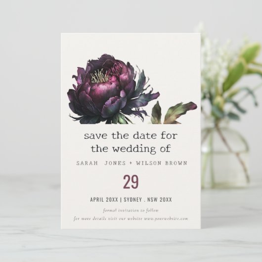 Save The Date Mariage Pivoine Noir Violet Gothique Sombre (Debout devant)