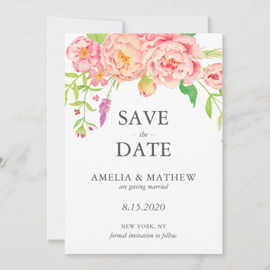 Save The Date Mariage Pivoine Rose (Devant)