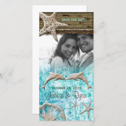 Save The Date Mariage plage Photocard Dolphins Blue Shells (Devant / Derrière)