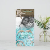 Save The Date Mariage plage Photocard Dolphins Blue Shells (Debout devant)