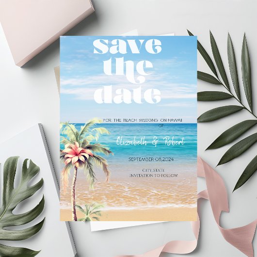 Save The Date Mariage Plage, Sable, Fleur De Palmier Enregistrer