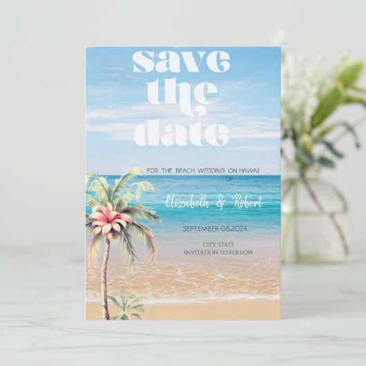 Save The Date Mariage Plage, Sable, Fleur De Palmier Enregistrer (Debout devant)