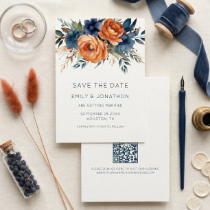 Save The Date Mariage QR Fleurs Orange Brûlé et Bleu Marine