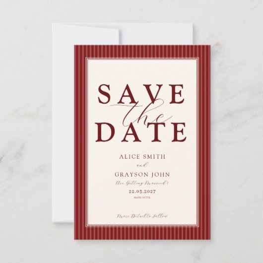 Save The Date Mariage rayé classique en velours rouge écriture (Devant)