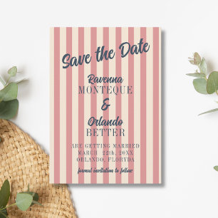 Save The Date Mariage rayures rose poudré et bleu marine rétro