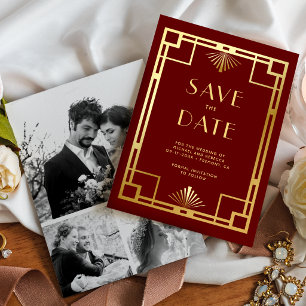Save The Date Mariage Red Gold Art Déco Photo Collage