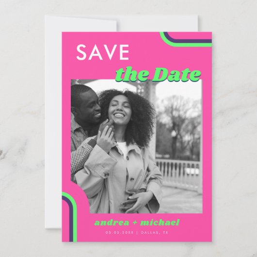 Save The Date Mariage Rétro Arc-en-Ciel Rose et Vert (Devant)