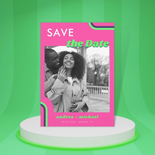 Save The Date Mariage Rétro Arc-en-Ciel Rose et Vert