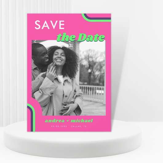 Save The Date Mariage Rétro Arc-en-Ciel Rose et Vert