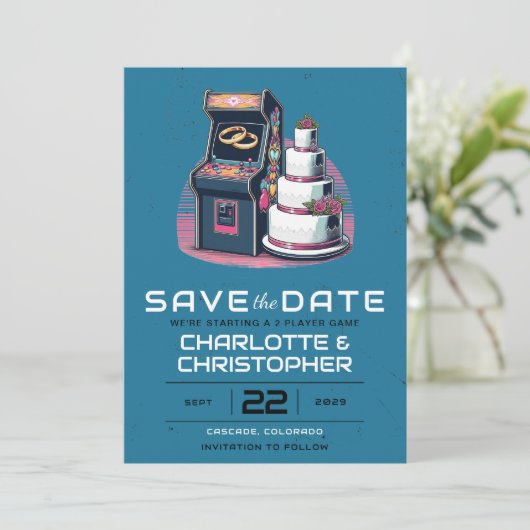 Save The Date Mariage Retro Arcade (Debout devant)