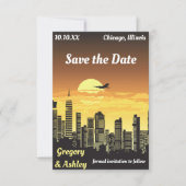 Save The Date Mariage rétro de Sunset Skyline de la ville (Devant)