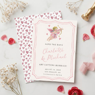 Save The Date Mariage Rétro Écrit à la Main Cupidon Chérubin Ros