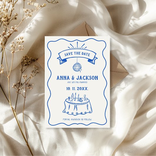 Save The Date Mariage Rétro Illustré à la Main Dessin Drôle Bleu