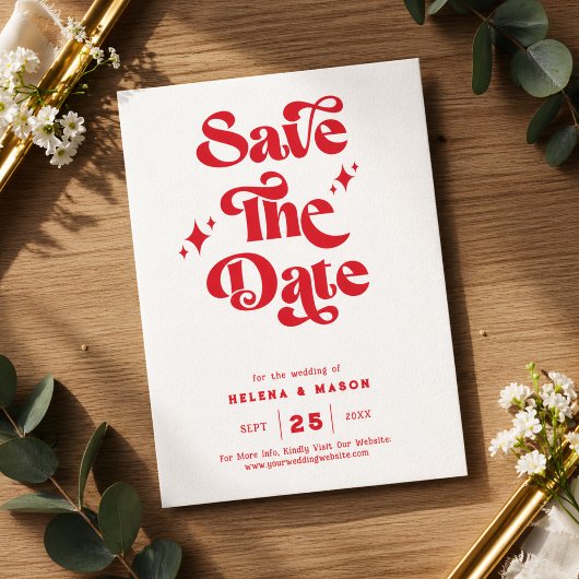 Save The Date Mariage rétro moderne rouge et blanc