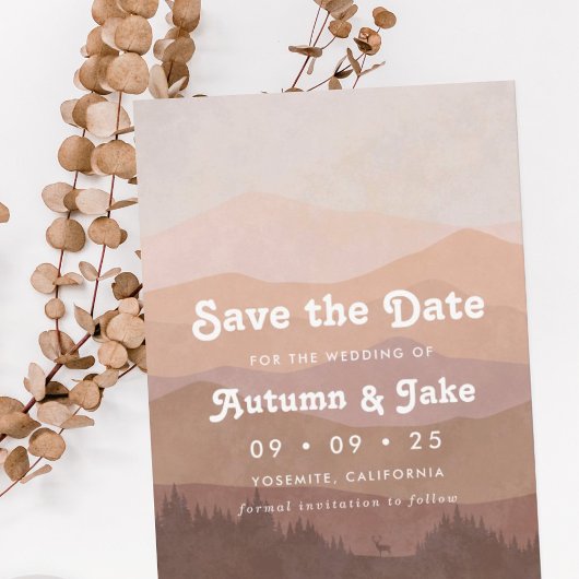 Save The Date Mariage rétro montagne et forêt ombré rose