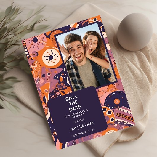 Save The Date Mariage rétro orange blush rose violet groovy
