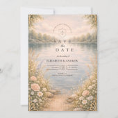 Save The Date Mariage romantique au bord d'un lac fleuri en forê (Devant)