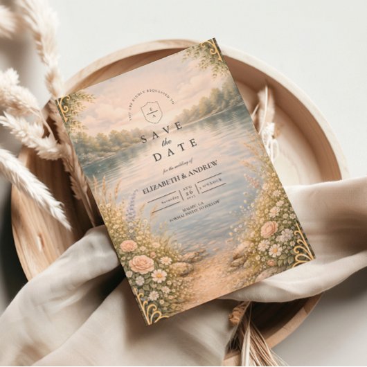 Save The Date Mariage romantique au bord d'un lac fleuri en forê