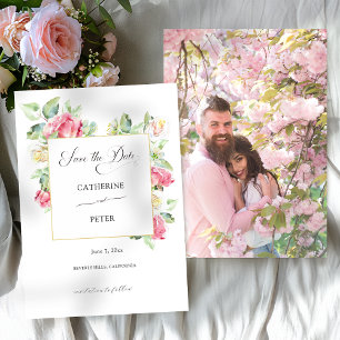 Save The Date Mariage romantique aux roses en aquarelle rose blu